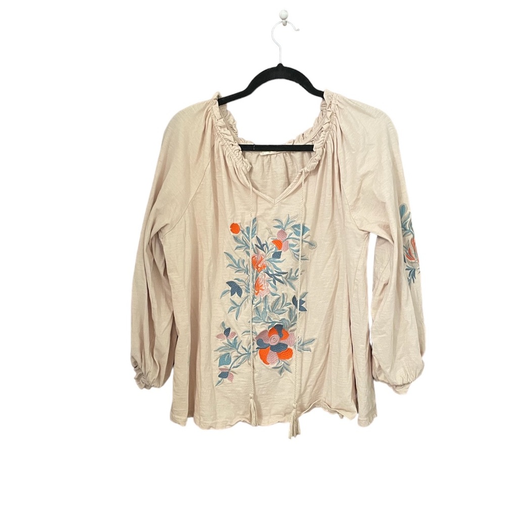 Solitaire | Women’s Pink Peasant Blouse with Floral Embroidery  | XL
